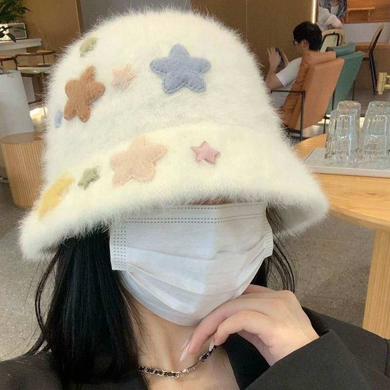 Autumn and winter rabbit fur dopamine face-showing small bucket hat for women cute star plush fisherman hat warm covering basin hat