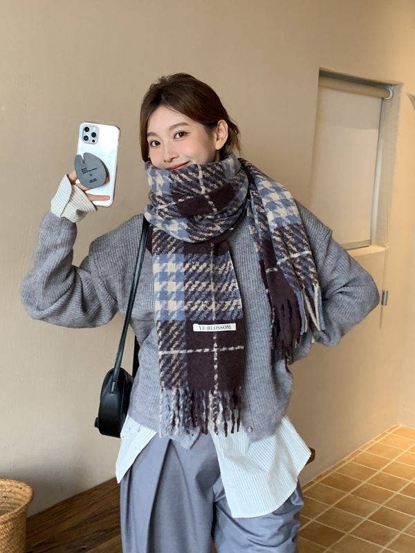 Retro temperament blue imitation cashmere houndstooth scarf winter high-end new warm shawl student scarf