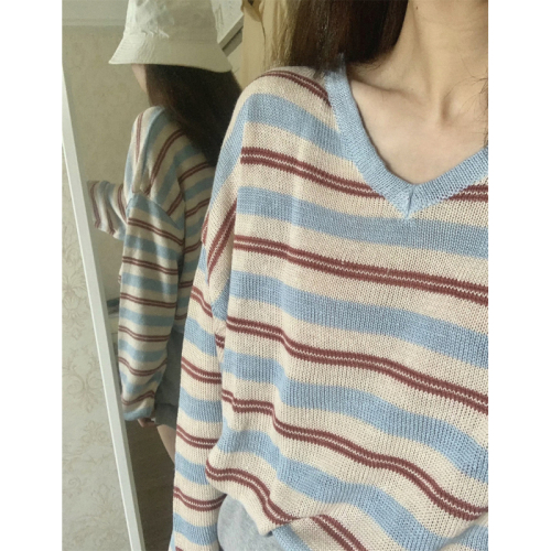 Lazy style striped v-neck long-sleeved sweater for women spring and autumn design niche loose bottoming shirt t-shirt age-reducing top