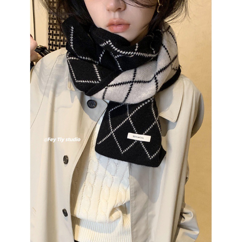Australian wool small fragrance double-sided winter scarf for women rhombus plaid scarf winter warmth Korean style student couple