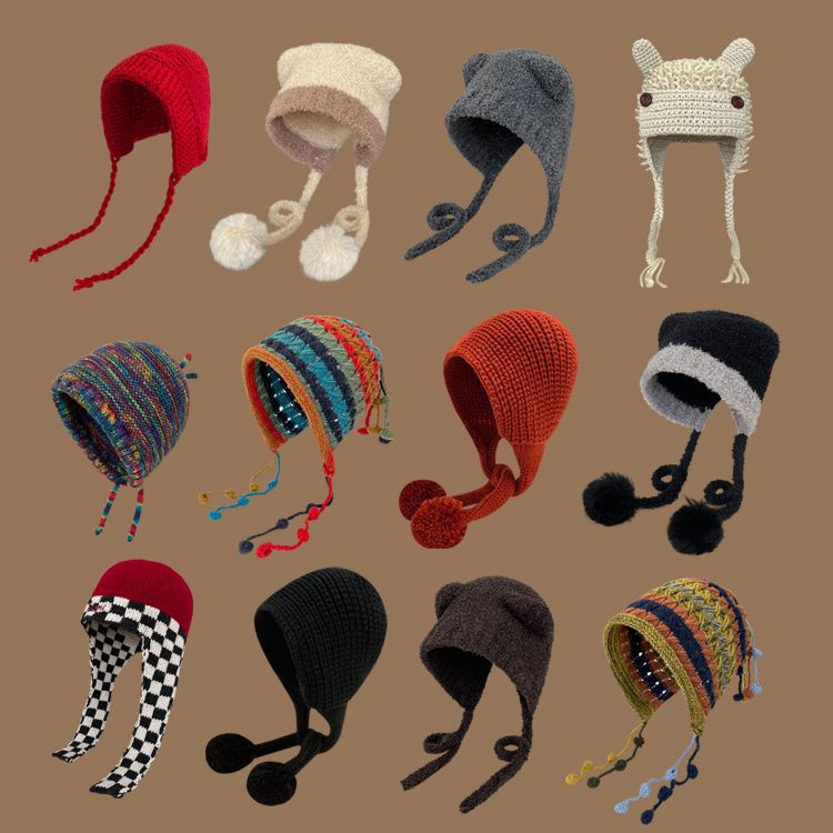 Cute bear ears long braid plush hat for men and women autumn and winter warm color matching hand knitted wool hat to make your face smaller