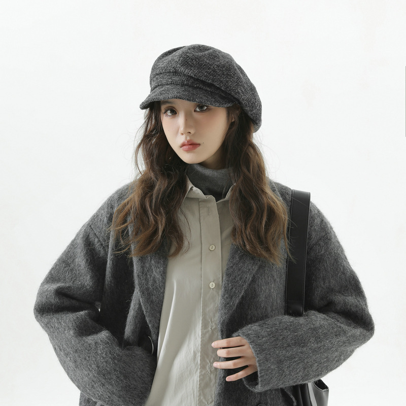 Japanese retro solid color versatile knitted octagonal hat for women in autumn and winter to keep warm and show face little painter hat newsboy hat trendy