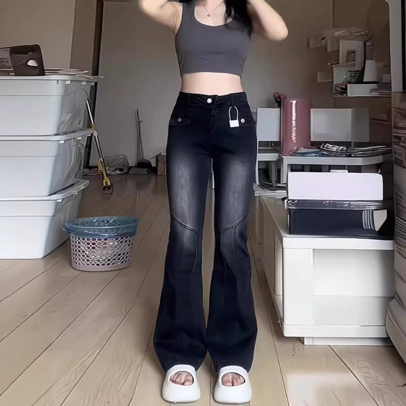 Micro-flare black jeans for women 2024 spring fat mm loose fit to cover the flesh and show a slim pear-shaped figure wide-legged long pants