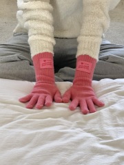 Pink wool knitted long gloves for women Korean college style winter windproof five-finger warm cycling gloves ins