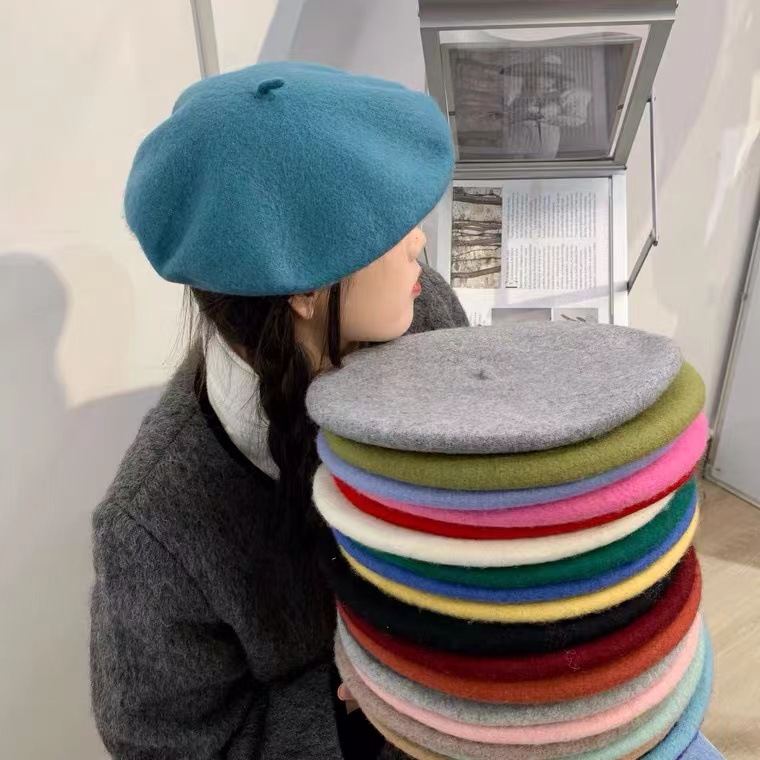 Beret Autumn and winter wool beret Japanese forest style artistic woolen painter's hat solid color beret hat