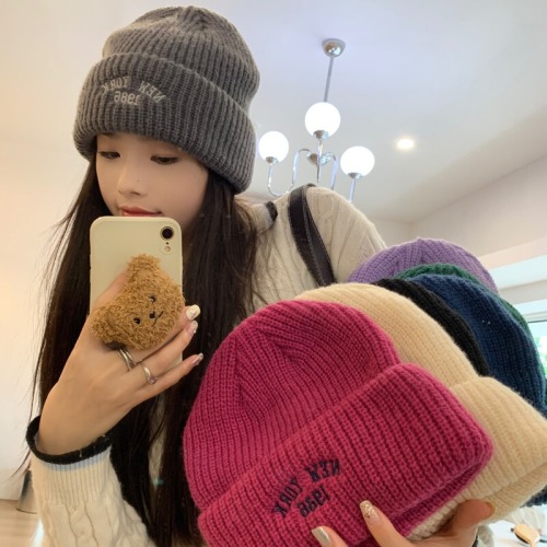 Soft and waxy woolen knitted hat for women with large head circumference in autumn and winter, versatile embroidered warm and cold hat