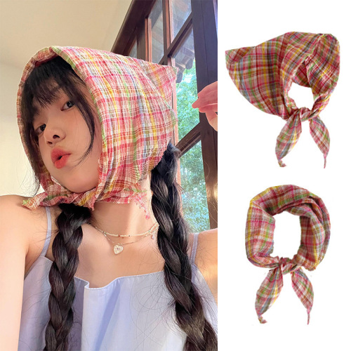 Dopamine Connection ~ Retro Rainbow Plaid Triangular Scarf Baotou Silk Scarf Women's Hair Tie Summer Spring Autumn Decorative Scarf