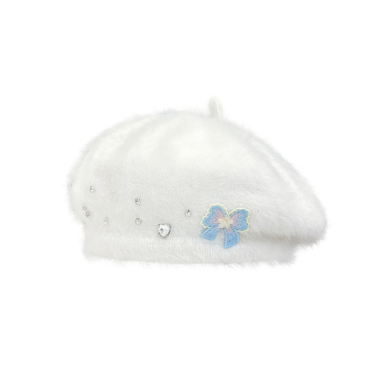 Millennial Sweet Girl~Girl's Cute Bow Imitation Rabbit Fur Plush Bere Hat Women's Autumn and Winter Warm Painter Hat