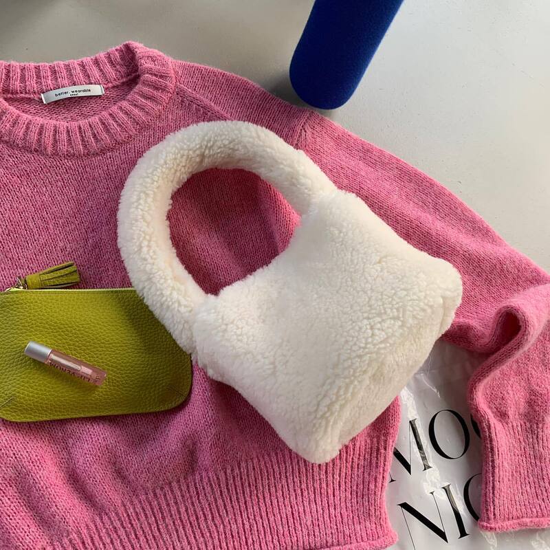 Lamb wool bag winter new female ins niche portable cute plush hand bag