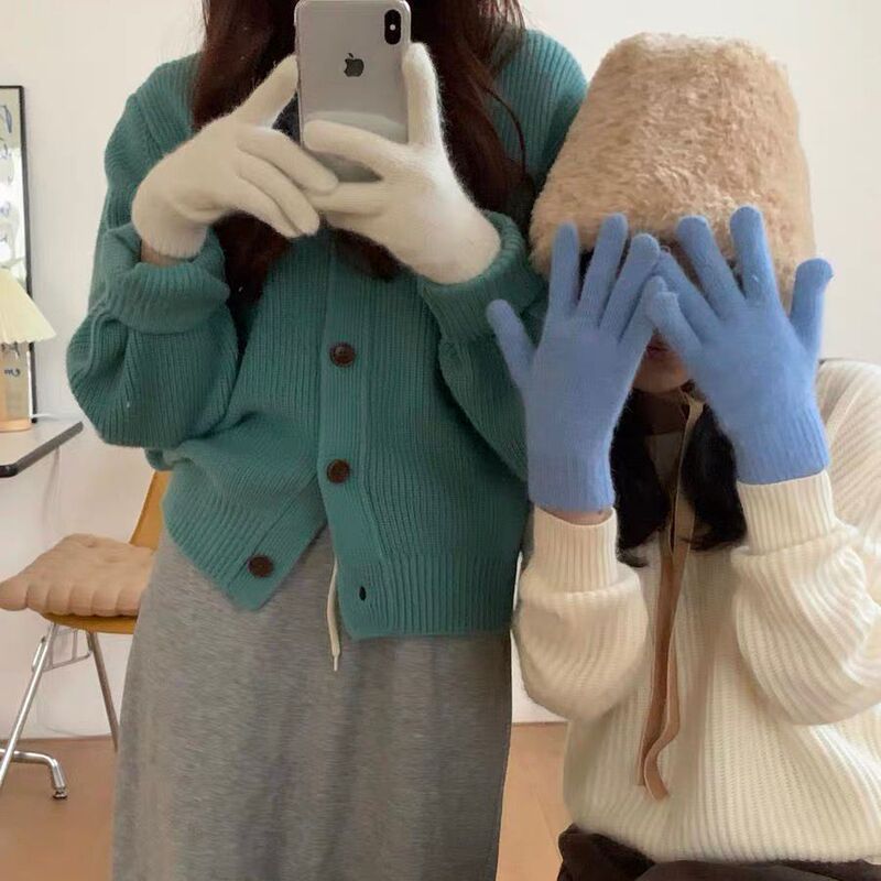Gloves for women winter five-finger plus velvet cute finger gloves ins Douyin same style warm cycling student gloves for men and women