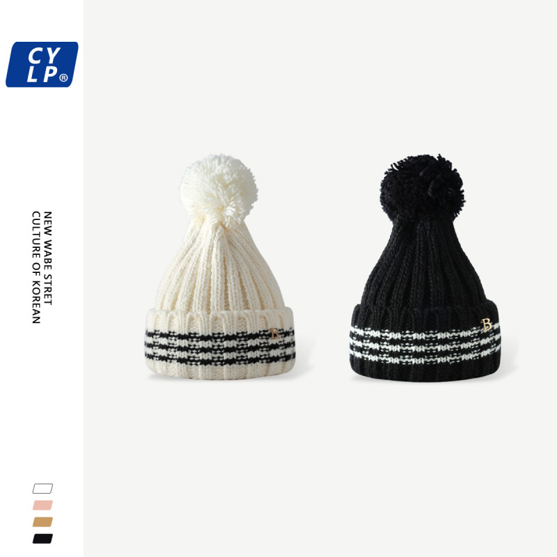 South Korea's Dongdaemun New Furball Wool Hat Women's Autumn and Winter Warm Korean Style Fashion Brand B Letter Knitted Hat