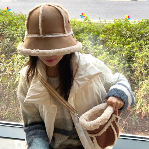 New Japanese Plush Two-Purpose Fisherman Hat Women's Autumn and Winter Large Head Circumference Plus Velvet Warm Bucket Hat Trendy Hat Bag