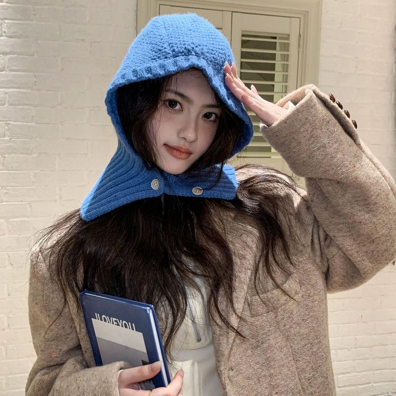Balaclava knitted wool hat women's winter neck scarf one-button knitted hat neck scarf ear protection Baotou