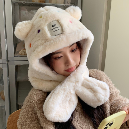 Cute bear ears plush hat scarf all-in-one women's winter Korean style cute warm scarf hat two-piece set