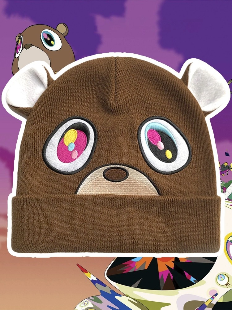 Korean version of ins trendy brand Kanye's same style bear knitted woolen hat autumn and winter warm brown dropout bear cold hat