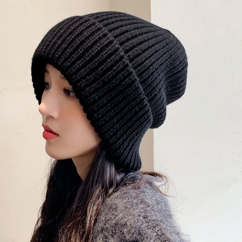 Autumn and winter big head circumference Baotou confinement hat women's fluffy warm ear protection hat pile cold hat knitted thick woolen hat