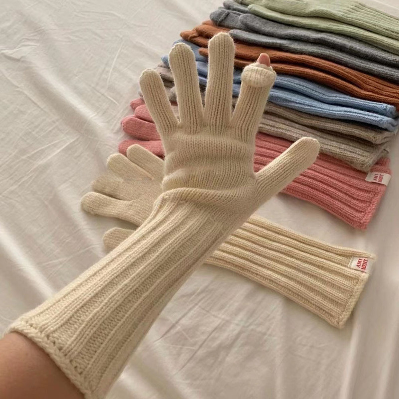 Korean generation same style autumn and winter solid color knitted gloves for women long warm and playable mobile phone style fingerless gloves