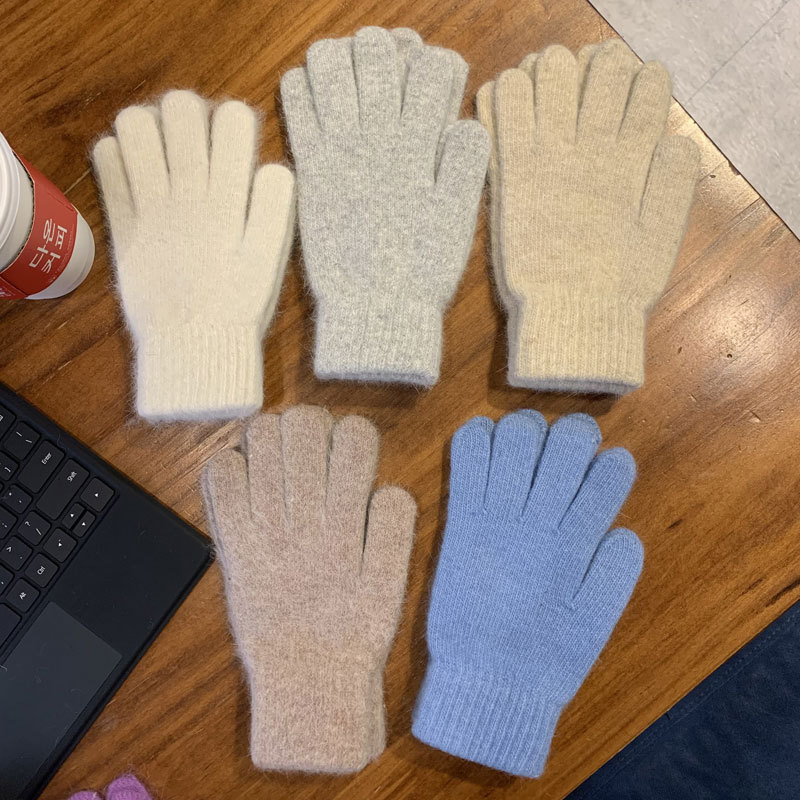 Rabbit hair five-finger gloves for women winter cold protection and warm cycling Korean version ins solid color DIY foreign trade knitted wool gloves