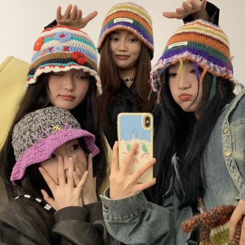 Woolen hat for women with big head circumference in winter, showing face, small colorful striped fisherman hat, small flower pile hat, warm and cold hat, versatile