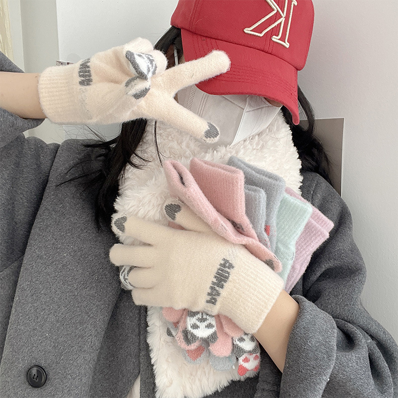 Women's woolen gloves, cute cartoon students, autumn and winter warm Korean version, fashionable, versatile, riding, driving, windproof, touch screen