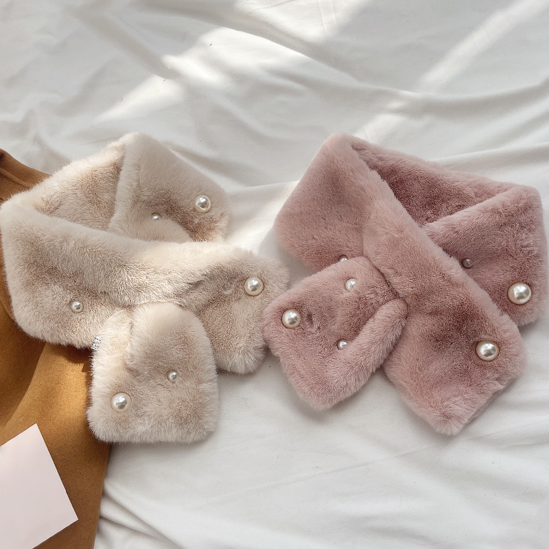 Cross-border thickened solid color fur scarf pearl fishtail warm imitation rex rabbit fur cross scarf plush collar female internet celebrity