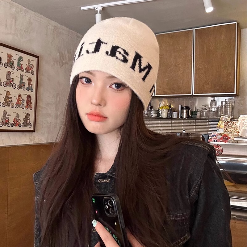 matink Korean style fashionable woolen hat for women in autumn and winter, small letter pile hat with face, all-match ear protection bag head hat