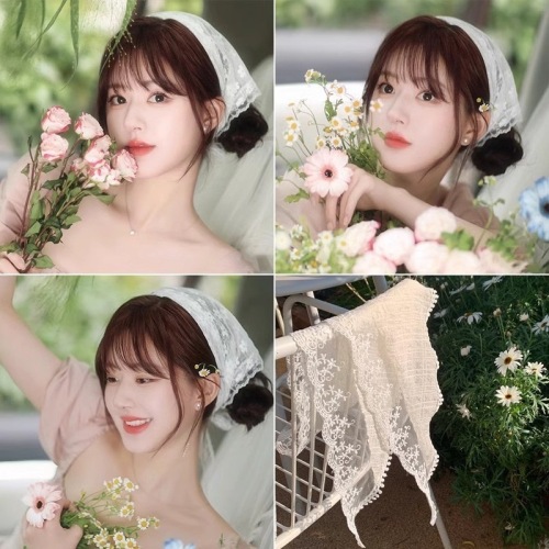 French pastoral style lace triangle scarf summer sun protection thin breathable headscarf headband fashion versatile ribbon scarf
