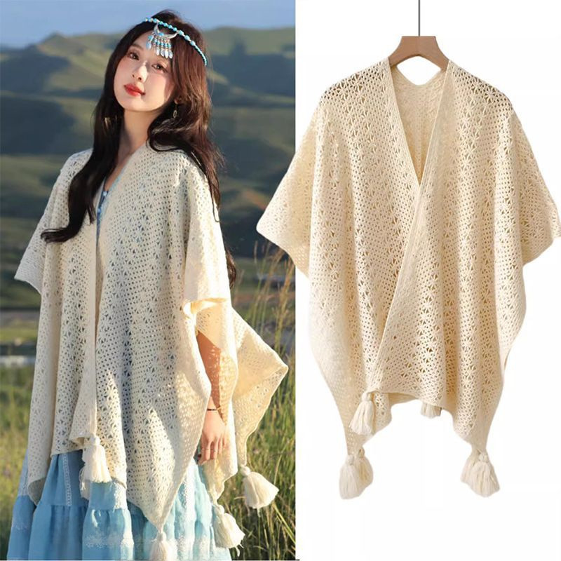 New solid color decorative knitted hollow ethnic style shawl summer high-end cloak fur ball tassel design cloak