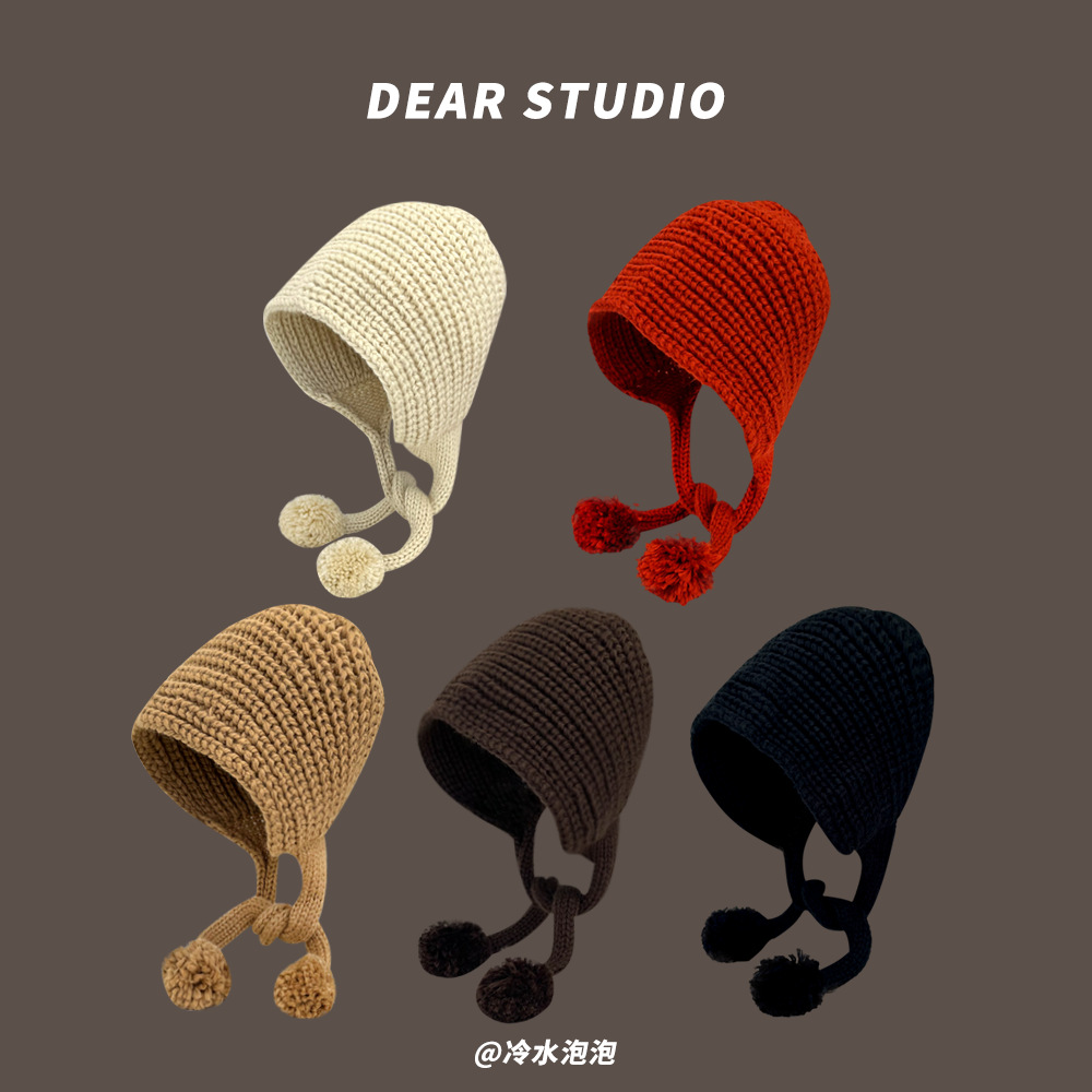 Black woolen hat for women autumn and winter warm ear protection student versatile internet celebrity long braided knitted hat trendy