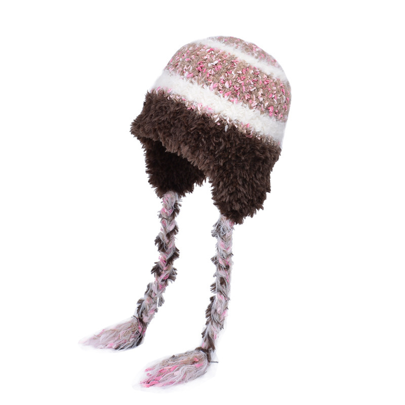 Autumn and winter plush knitted woolen hat multi-color stitching cold-proof ear protection Lei Feng hat women's face-showing small pullover hat trendy