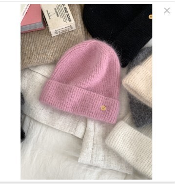 Solid color rabbit fur gold label woolen hat for women autumn and winter Internet celebrity versatile warm knitted windproof pile hat