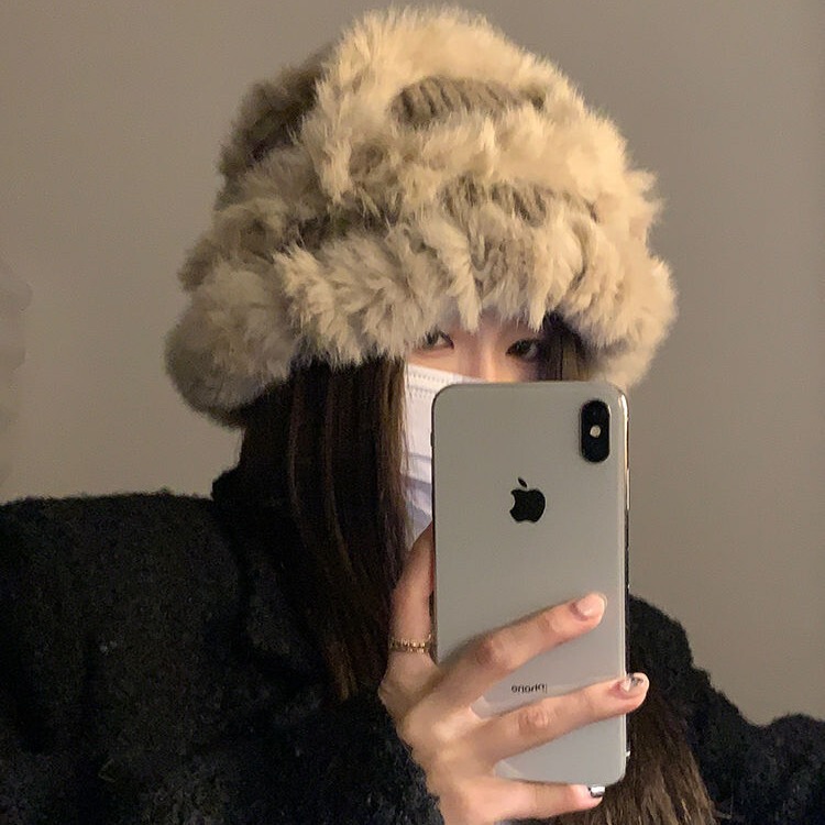 Popular large head circumference wool hat for women in autumn and winter, real rabbit fur knitted hat, small face, warm ear protection, fur lion hat
