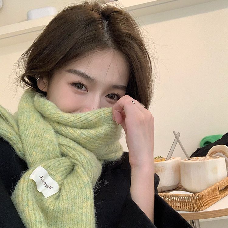 Korean version ins green mohair floral scarf for women winter soft waxy wool knitted warm thickened scarf for students