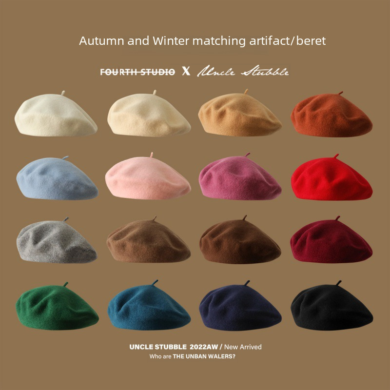 Wool beret girls winter all-match beret Japanese style literary retro painter hat