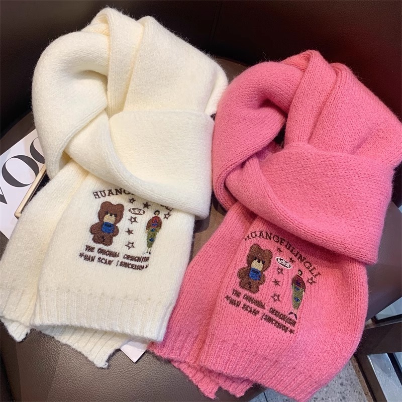 Korean style wool bear embroidered knitted wool scarf for women in autumn and winter new style warm and thickened cold-proof scarf
