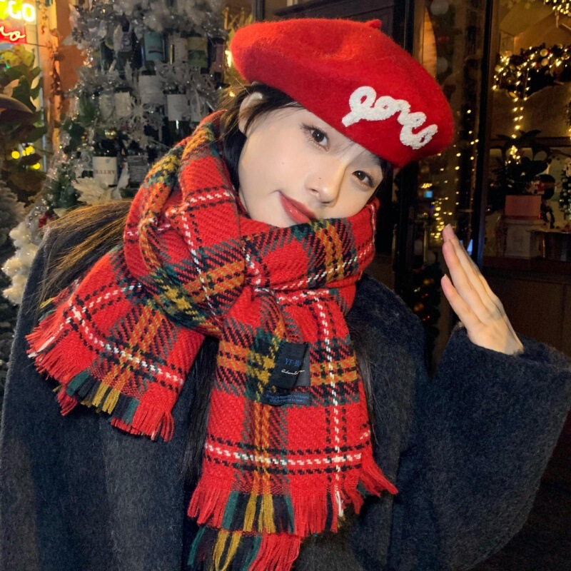 New year Christmas gift!  Red plaid scarf for women winter Korean version versatile warm large version thickened scarf shawl