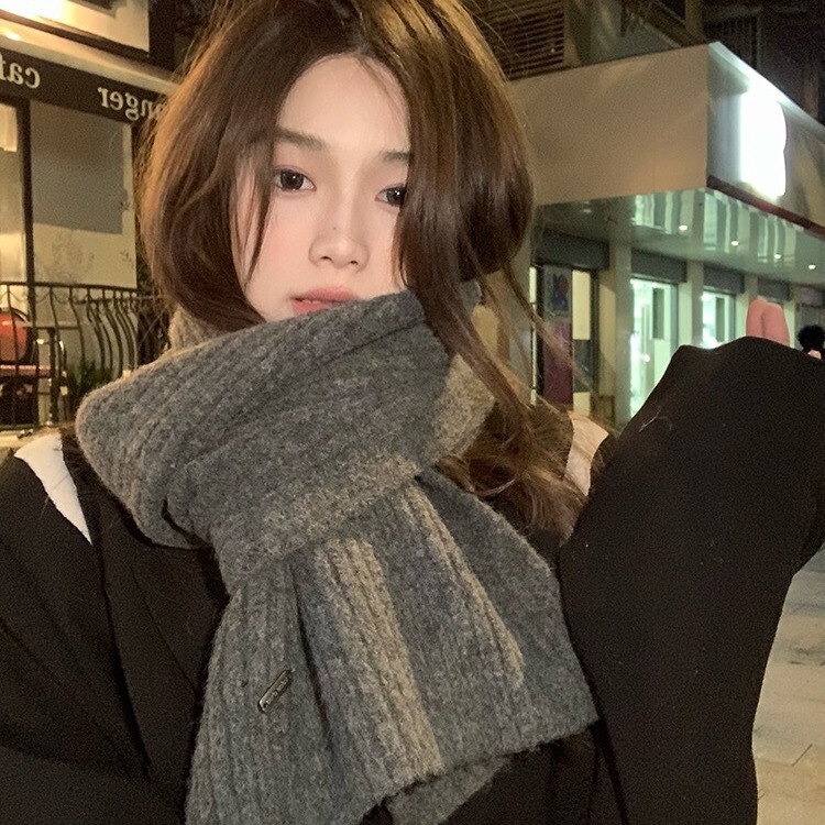 Containing 10% wool blended soft and waxy retro cashmere scarf for women winter solid color couple style knitted warm scarf