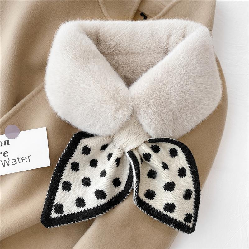 Imitation rabbit fur collar warm winter scarf fashion new knitted polka dot stitching plush scarf girl student neck scarf