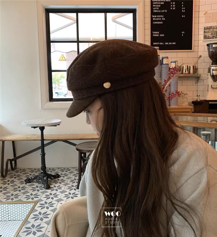 British retro gold buckle wool newsboy hat women's autumn and winter new octagonal painter hat