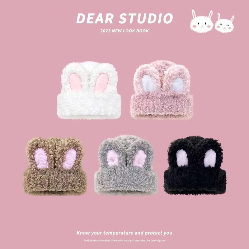 Sweet and cute bunny ears plush hat woolen hat winter thickened warm ear protection face display small versatile knitted hat