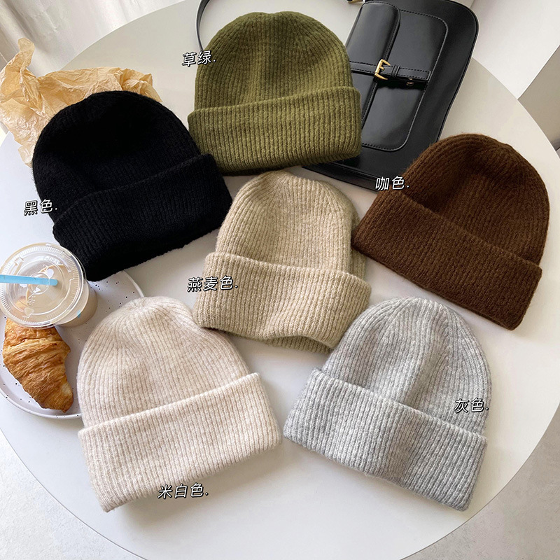 chaowarm~Solid color winter warm woolen hat showing face small knitted pile hat soft big head hat for women