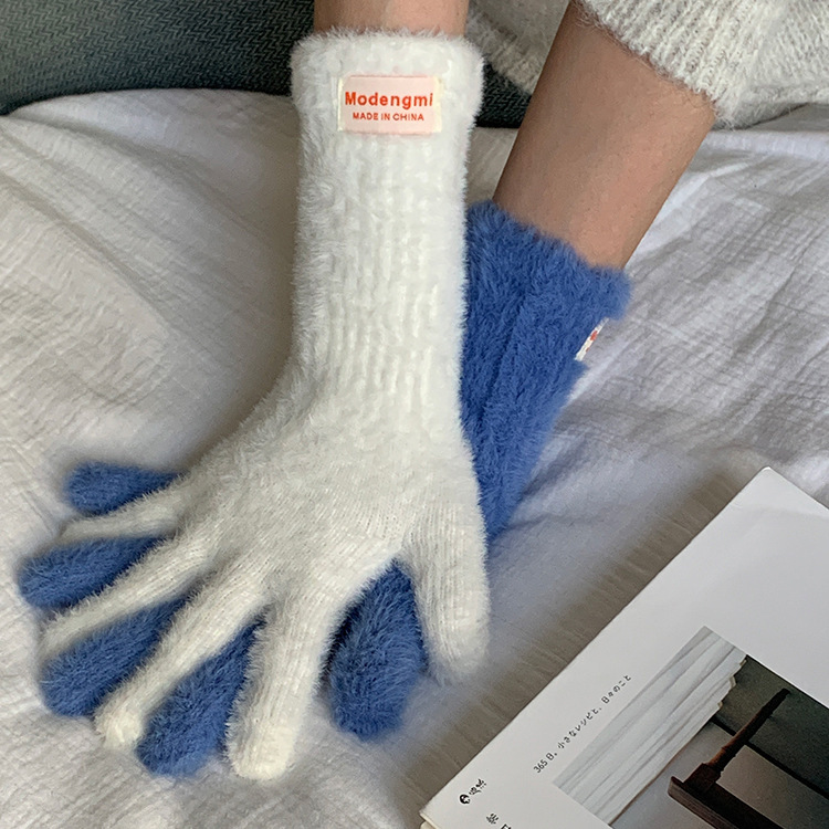 Korean cute ins solid color versatile new plush warm gloves for women winter cycling to keep out the cold five-finger touch screen