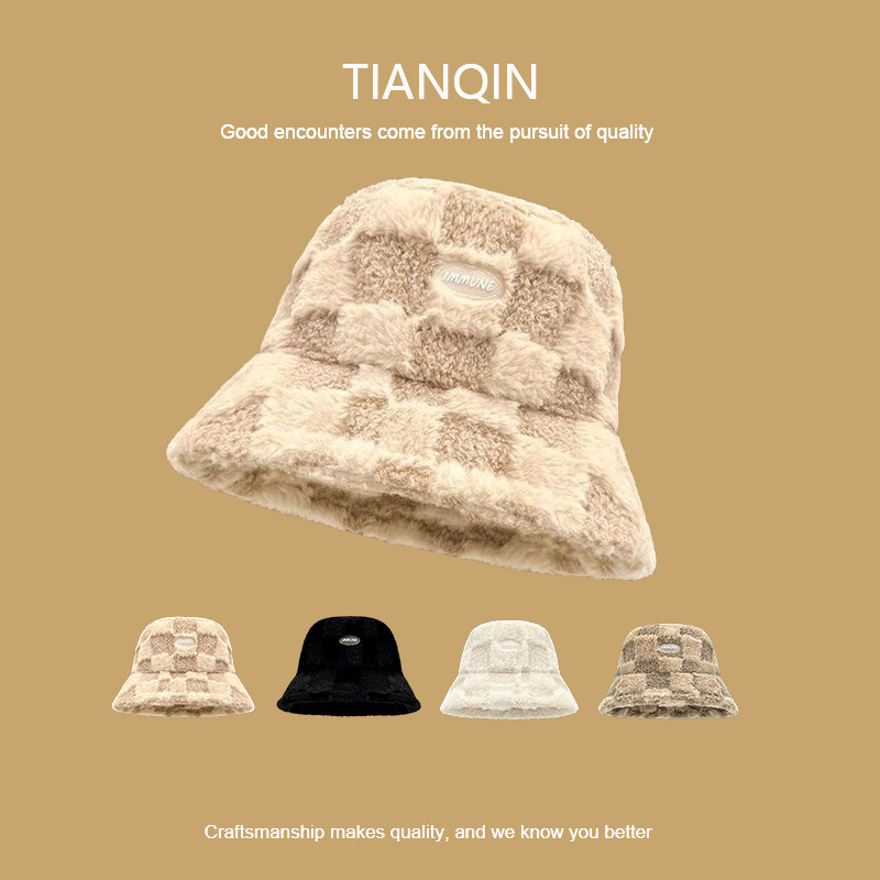 Checkerboard lamb wool fisherman hat women's autumn and winter hat warm plush hat winter bucket hat rabbit fur basin hat