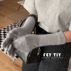 Rabbit fur long style ins Korean style cold-proof and warm winter gloves for women solid color knitted five-finger gloves