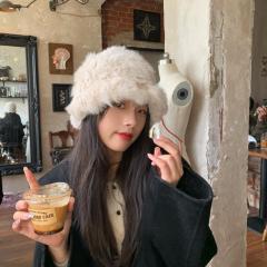 Sweet rabbit fur hat for women autumn and winter warm plush hat showing face small knitted fisherman hat ear protection woolen hat