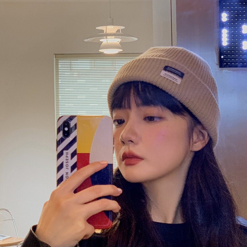 Cute college style patchwork knitted hat for women winter casual Korean style versatile couple woolen hat street style cold hat