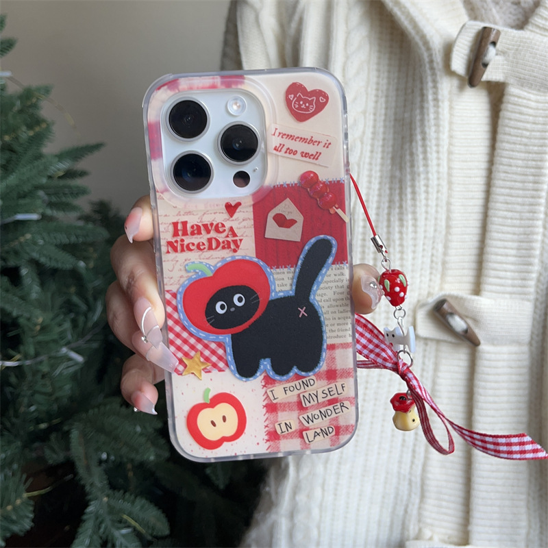 Retro Apple little black cat collage suitable for iphone15Promax Apple 14 mobile phone case 13 women 12 double layer