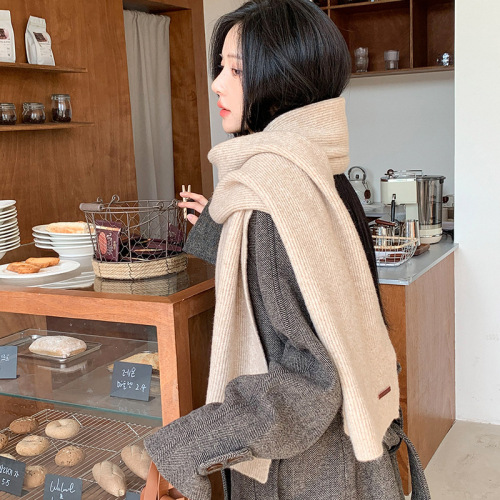 Autumn and winter new wool blended scarf leather label pinstripe atmosphere shawl Korean style windproof and warm student scarf