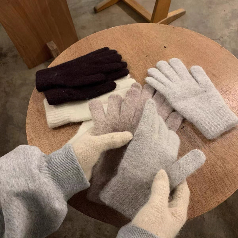New Korean style fashionable winter solid color wool cashmere gloves five-finger gloves for cycling ladies rabbit hair split fingers