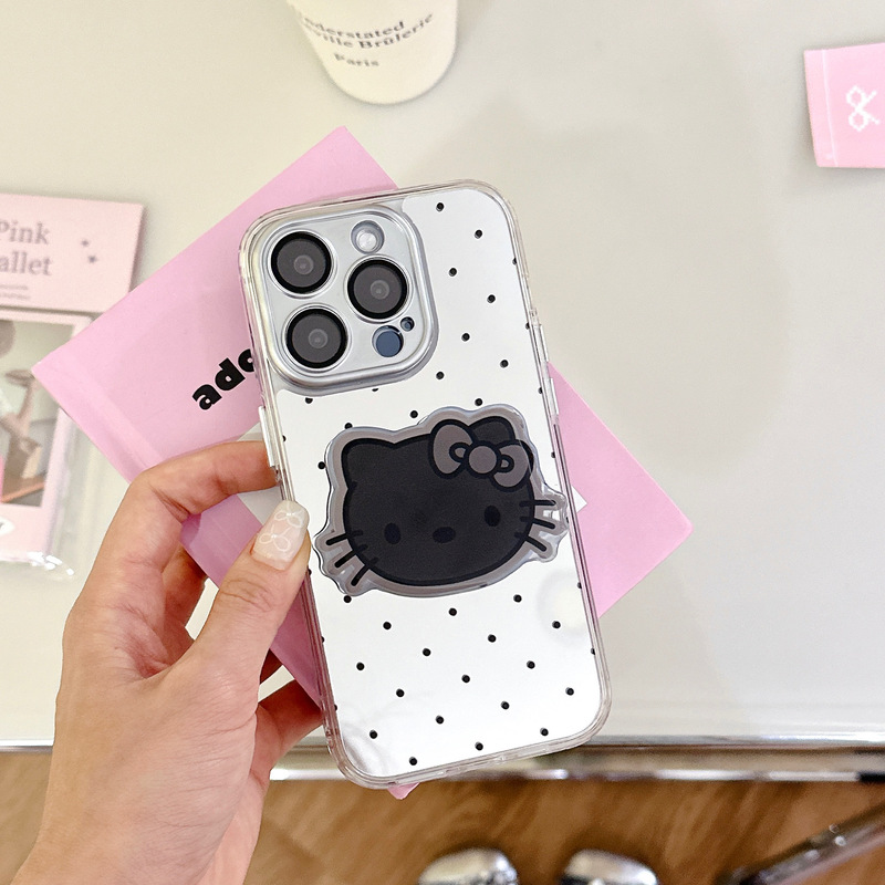 ins mirror black polka dot 14ProMax black kt cat holder iPhone13 mobile phone case 12 suitable for Apple 15P female